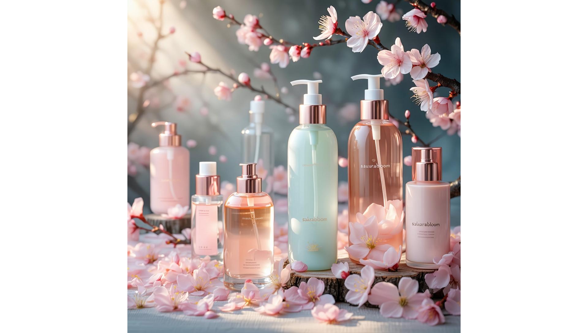 桜の花びらと桜花肌の化粧品ボトル